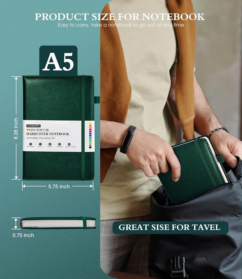 Ansopu Lined Journal Notebook for Writing, A5 100 GSM Thick Paper, Leather Hardcover Journal for Woman Men, Travel Journal Diary 160 Pages(5.75'' X 8.38'' Darkgreen) - Image 4